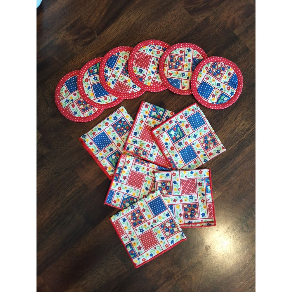 Vintage Quilted Coaster Rugs and Napkin Red Blue Floral Polka Dot Patchwork GVC